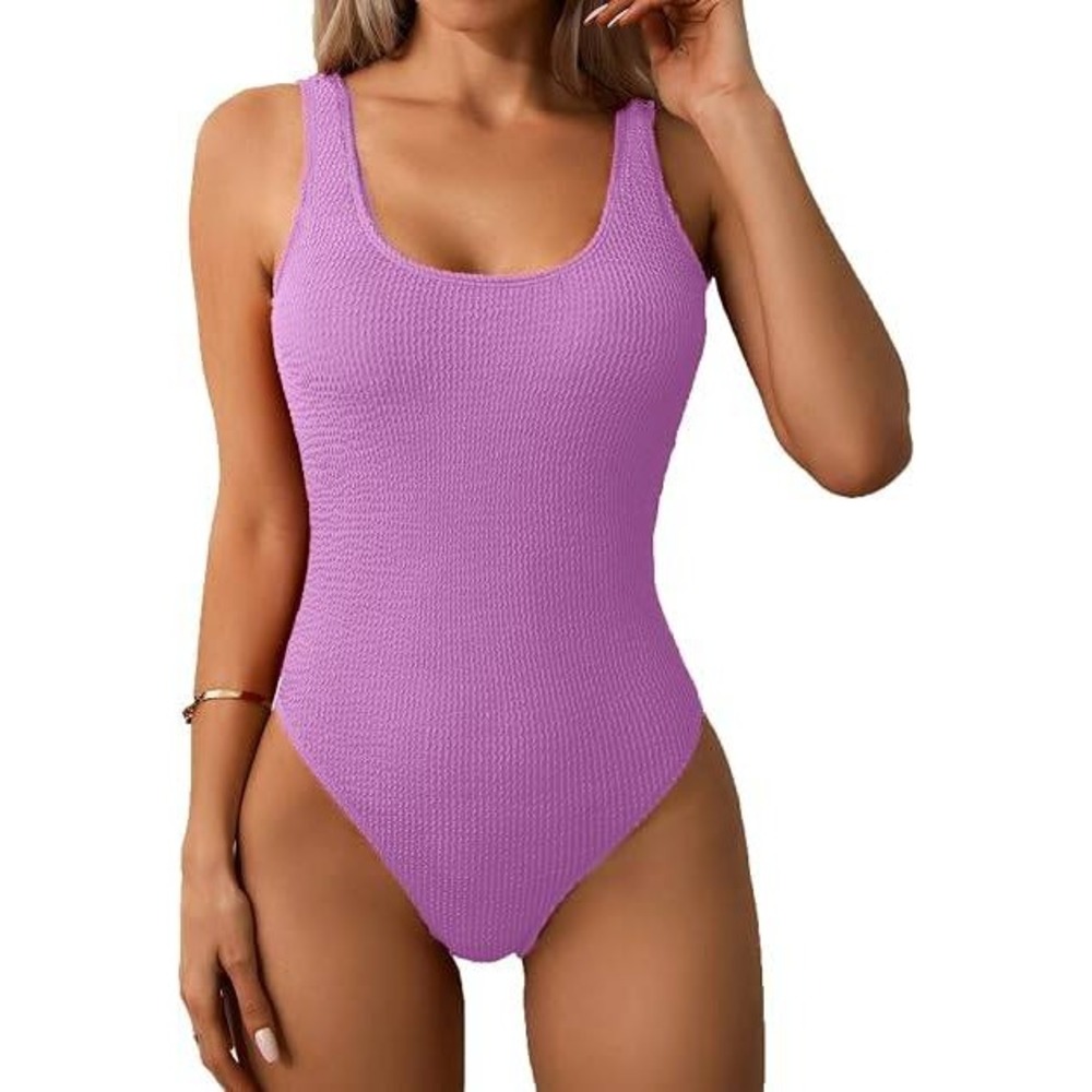 Limeeke Womens One Piece Swimsuit Purple Ribbed Monokini Scoop Neck Low Back M